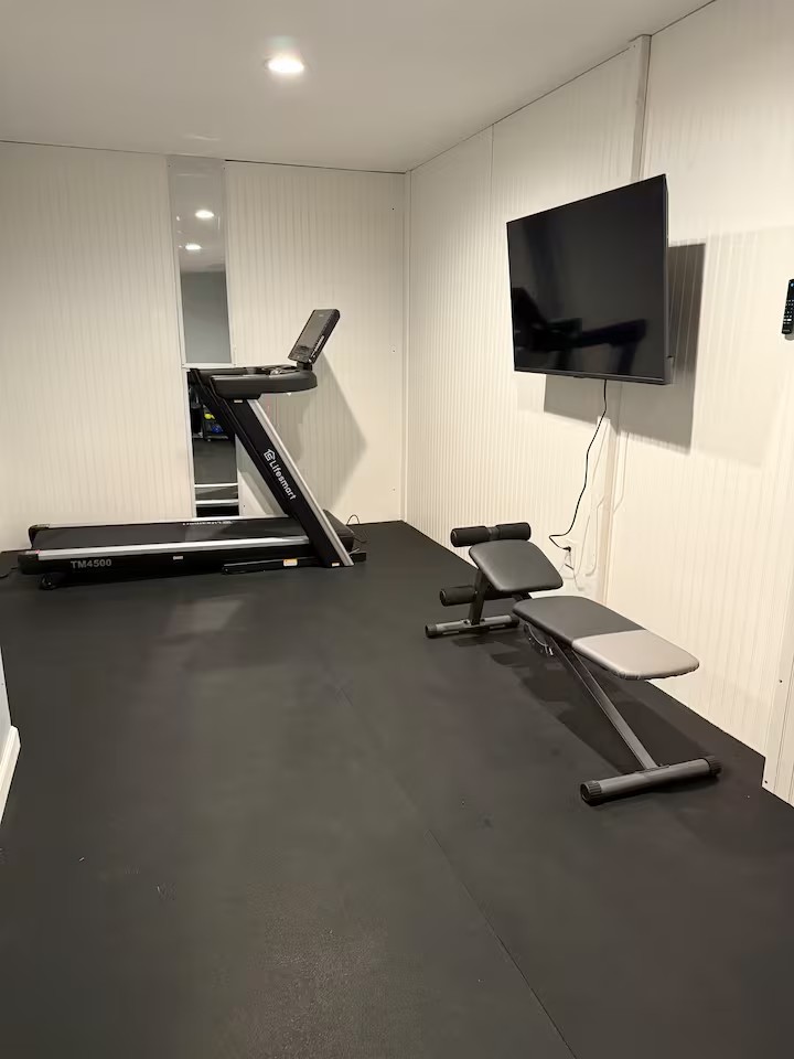 Home gym with treadmill, weights, bench, and television
