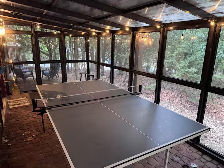 Ping pong table on the screened covered patio
